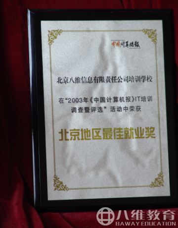  2003年度荣获《中国计算机报》IT培训调查暨评选活动颁发的“北京地区最佳就业奖”